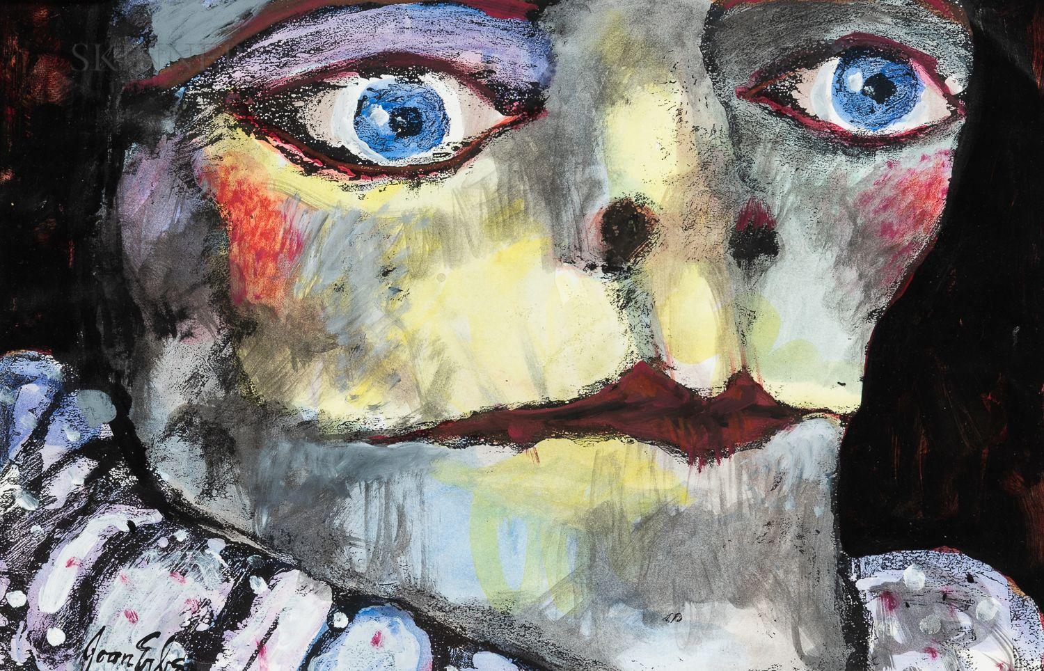 Joan Udell Erbe - Face with Blue Eyes Signed \'Joan Erbe\' lower left. Mixed media on paper/board, framed. sight 10 5/8 x 16 5/8 in. (27.0 x 42.3 cm)