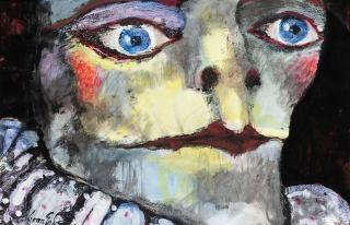 Joan Udell Erbe - Face with Blue Eyes Signed \'Joan Erbe\' lower left. Mixed media on paper/board, framed. sight 10 5/8 x 16 5/8 in. (27.0 x 42.3 cm)