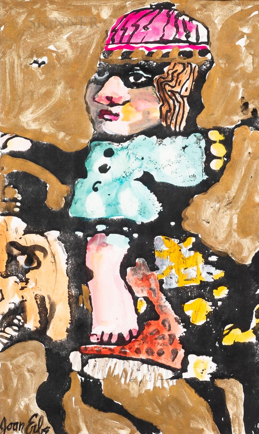 Joan Udell Erbe - Figure Riding Signed \'Joan Erbe\' lower left. Mixed media on paper/board, framed. sight 13 5/8 x 8 1/8 in. (34.7 x 20.7 cm)