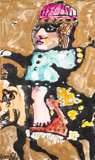 Joan Udell Erbe - Figure Riding Signed \'Joan Erbe\' lower left. Mixed media on paper/board, framed. sight 13 5/8 x 8 1/8 in. (34.7 x 20.7 cm)
