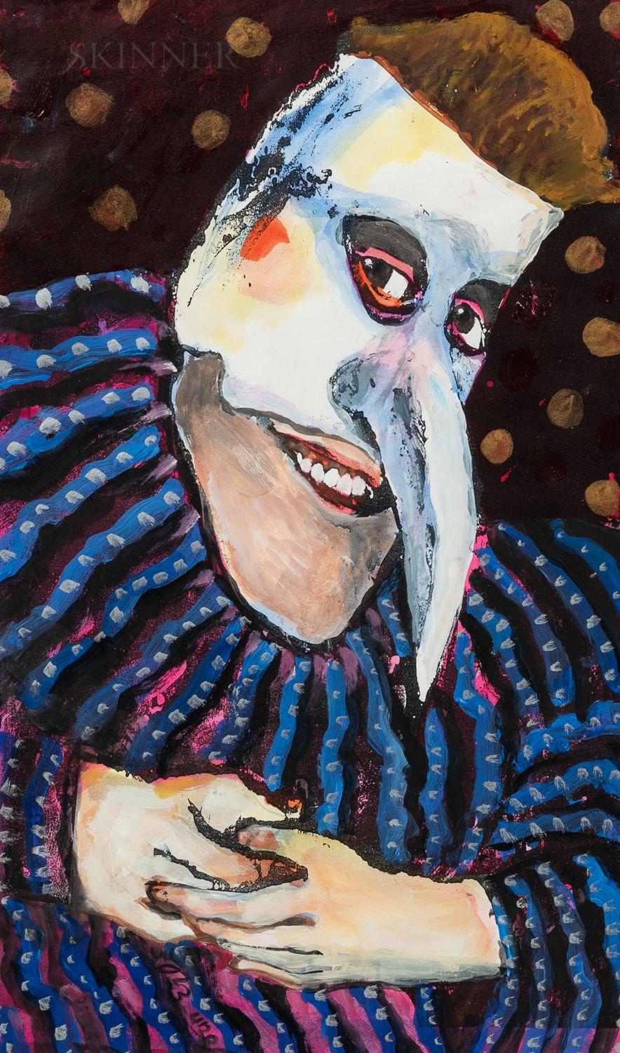 Joan Udell Erbe - Masked Figure Signed \'Joan Erbe\' lower left. Mixed media on paper/board, matted and framed. sight 13 1/2 x 8 1/4 in. (34.3 x 21.0 cm)