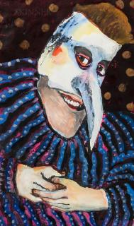Joan Udell Erbe - Masked Figure Signed \'Joan Erbe\' lower left. Mixed media on paper/board, matted and framed. sight 13 1/2 x 8 1/4 in. (34.3 x 21.0 cm)