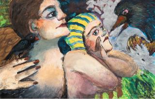 Joan Udell Erbe - Two Women with Black Birds Signed \'Joan Erbe\' lower right. Mixed media on paper/board, matted and framed. sight 10 5/8 x 16 5/8 in. (27.0 x 42.3 cm)