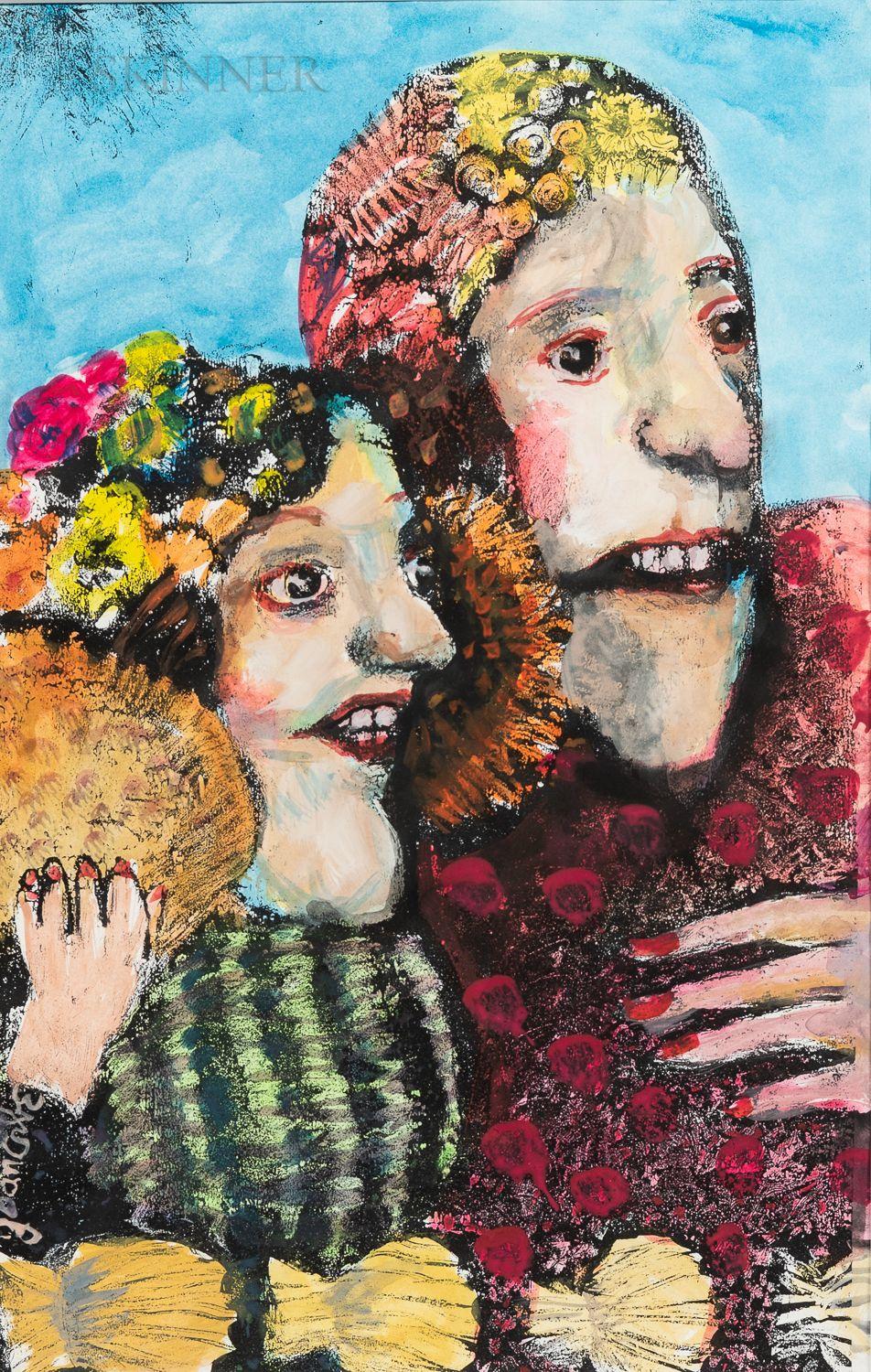 Joan Udell Erbe - Two Women with Flowered Hats Signed \'Joan Erbe\' lower left. Mixed media on paper/board, framed. sight 16 5/8 x 10 5/8 in. (42.3 x 27.0 cm)