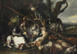 Joannes Fijt - A hunting still life of a hare, partridges, snipes and other birds, together with three spaniels, a hooded falcon, a rifle and a game-bag and belt in a hilly landscape