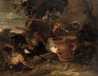 Joannes Fijt - Chickens and a cockerel in a farmyard
