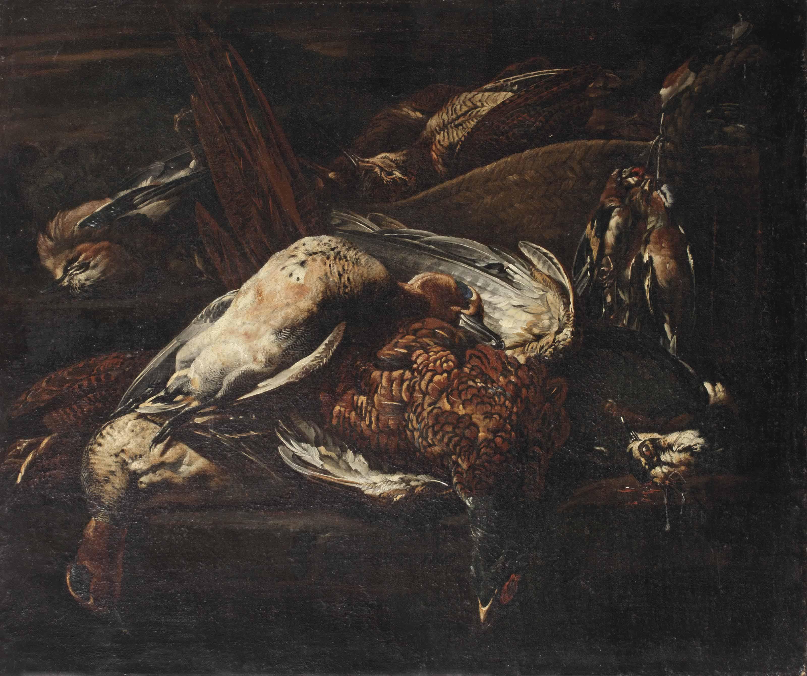 Joannes Hermans - A Pheasant, Duck, Jay, Goldfinches And Various Other Game On A Stone Ledge