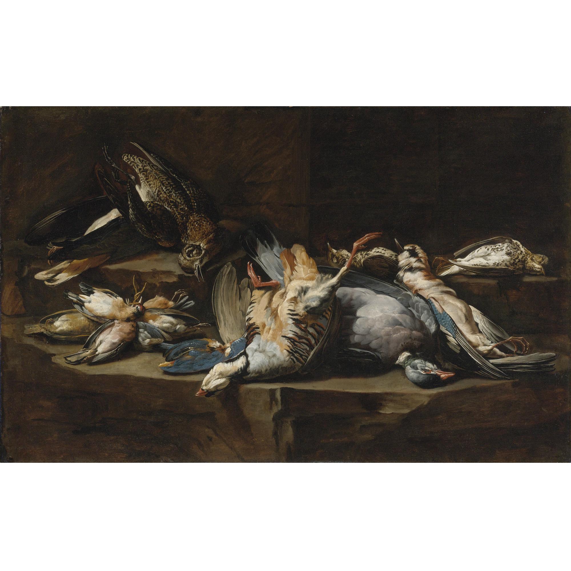 Joannes Hermans - Still Life Of Game Birds Resting On A Rock Ledge