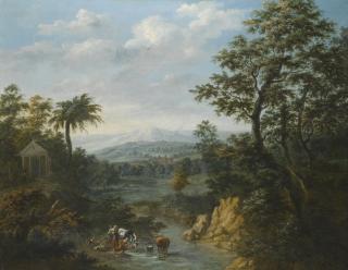 Joannes Philippus Spalthoff - Italianate Forest Landscape With Two Women And Their Cattle, Goats And Sheep Washing Beside A River, A Small Classical Temple On The Left Bank And A Castle In The Distance