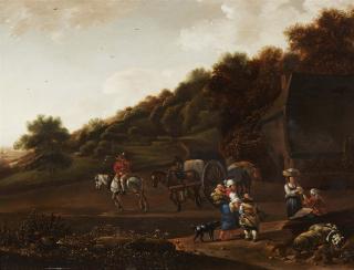 Job Berckheyde - Landschaft mit Reisenden vor einem Bauernhof