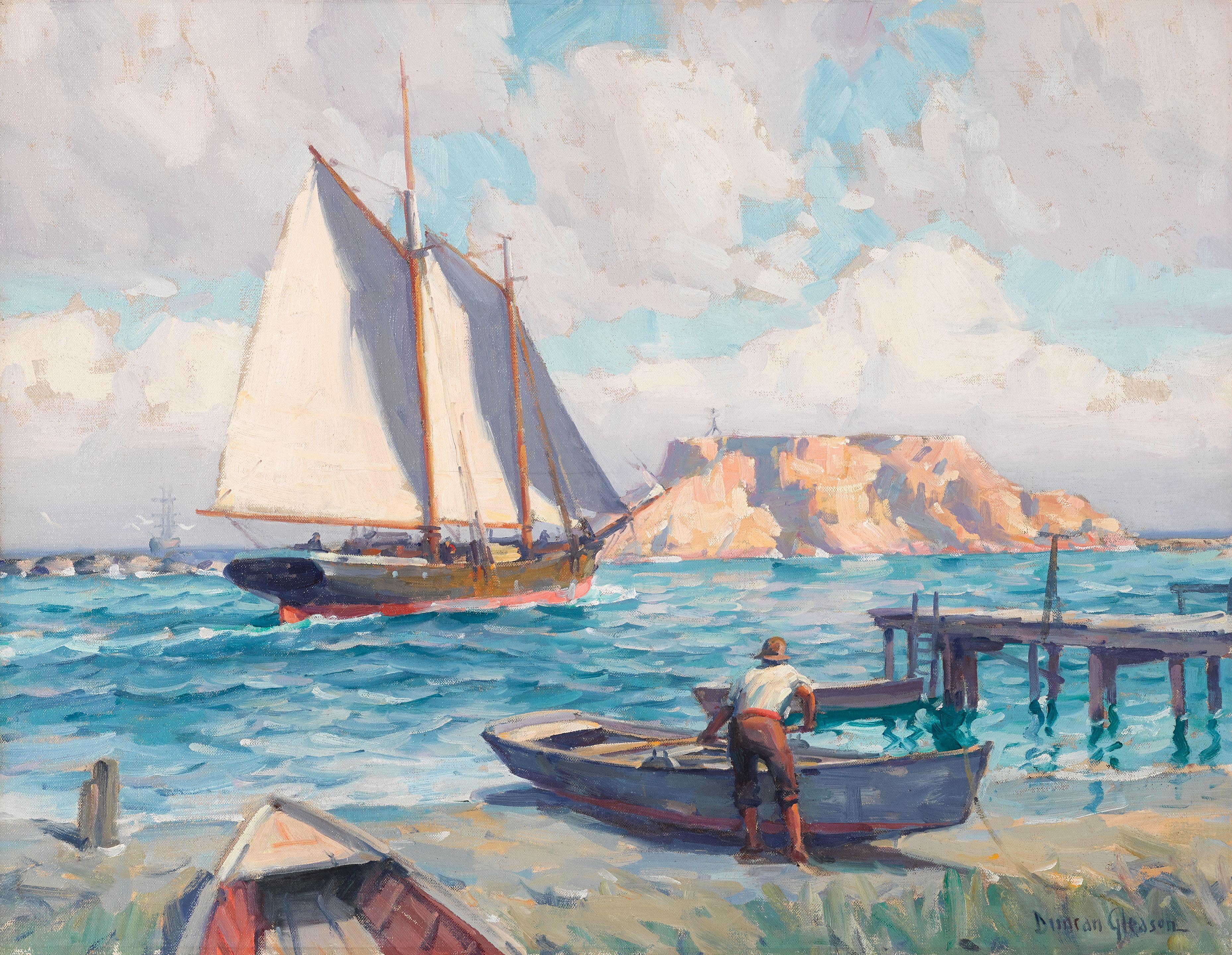 Joe Duncan Gleason - Schooner leaving Los Angeles harbor passing Dead Man\'s Island 20 x 26in