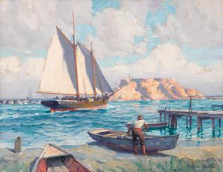 Joe Duncan Gleason - Schooner leaving Los Angeles harbor passing Dead Man\'s Island 20 x 26in