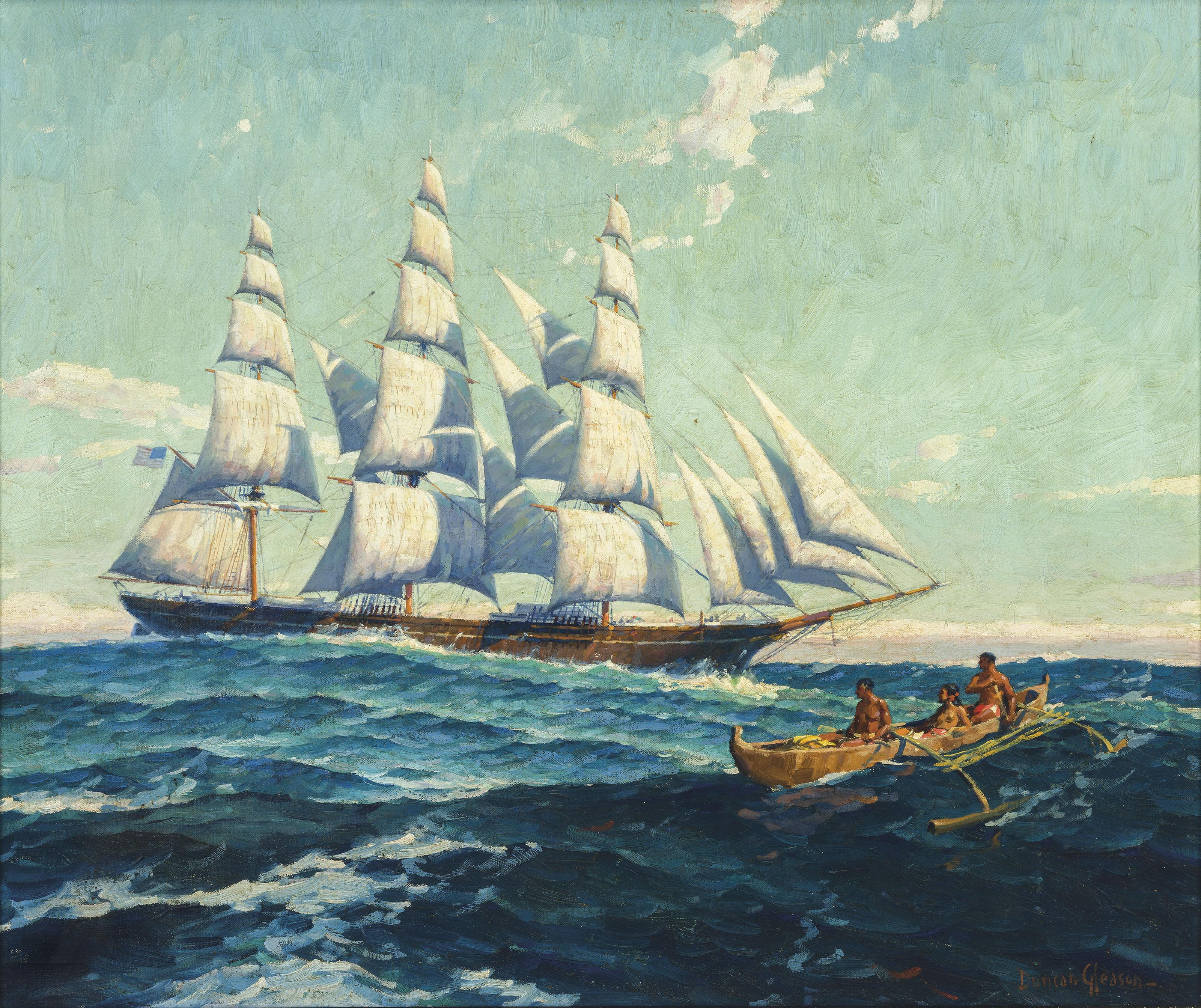 Joe Duncan Gleason - Tropical Waters – An Arbuckle sugar ship nearing the Hawaiian Islands