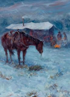Joe Neil Beeler - Winter Cow Camp 16 x 12 in. framed 24 x 20 in.