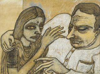 Jogen Chowdhury - Man and Woman (with Yellow and Grey)