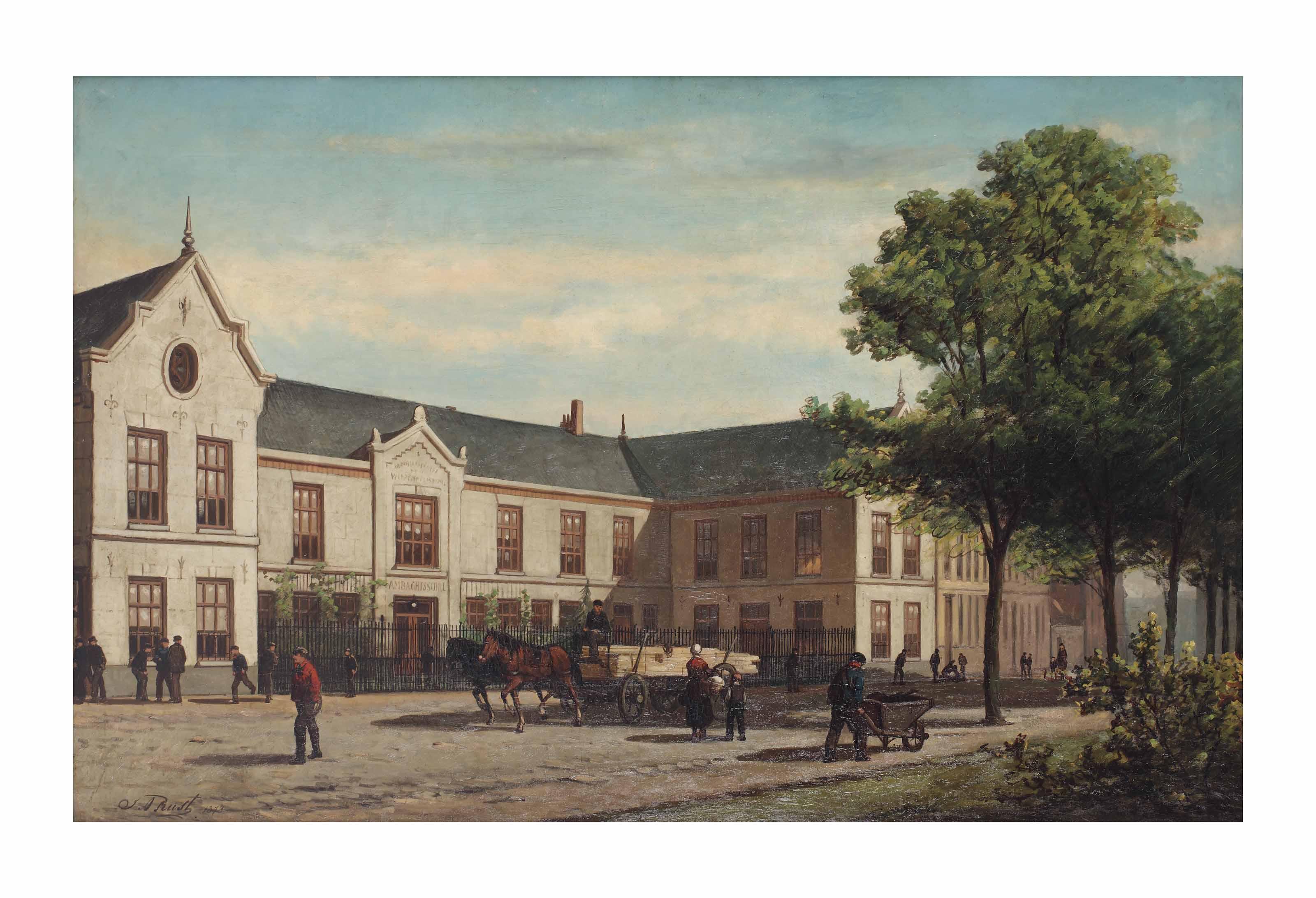 Johan Adolph Rust - A busy day outside the Ambachtsschool, Weteringschans, Amsterdam