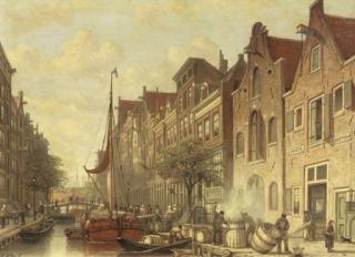 Johan Adolph Rust - Barrelmakers De Haan en Zonen on the busy Elandsgracht, Amsterdam