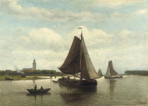 Johan Adolph Rust - Shipping on a calm, a village beyond