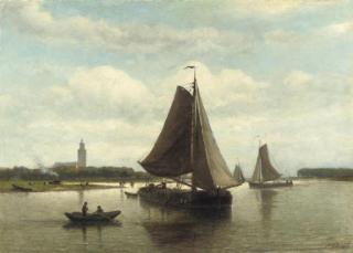 Johan Adolph Rust - Shipping on a calm, a village beyond