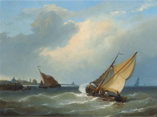 Johan Adolphe Rust - Entering a harbour in a stiff breeze