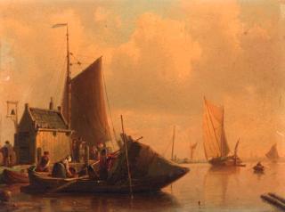 Johan Adolphe Rust - Fishermen unloading their catch along a jetty