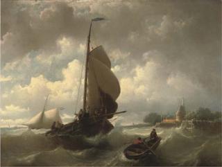 Johan Adolphe Rust - Raising the sails near Hoorn