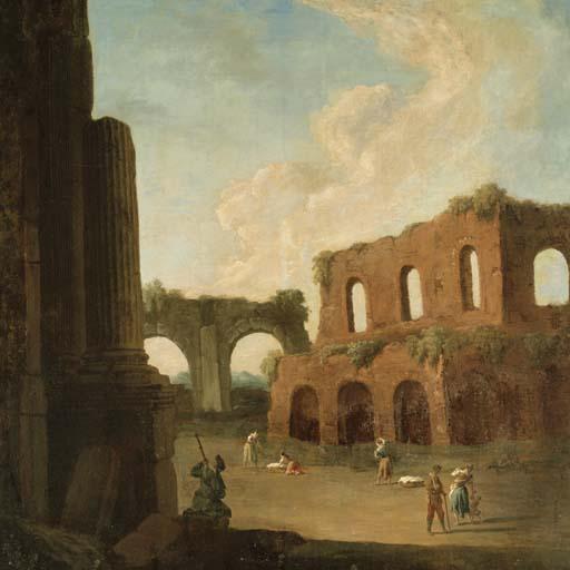 Johan Anton Richter - A capriccio with figures amongst ruins