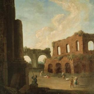 Johan Anton Richter - A capriccio with figures amongst ruins