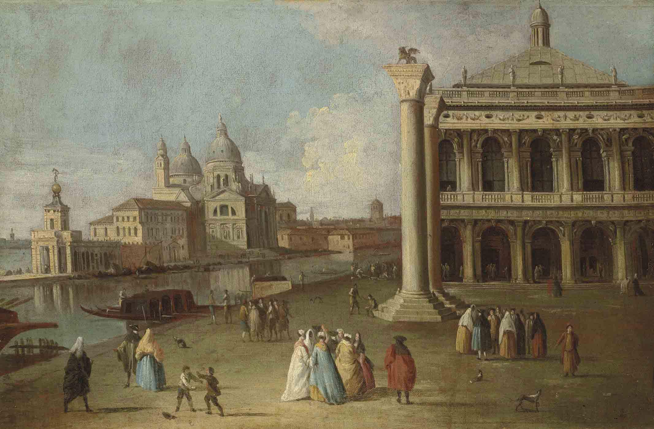 Johan Anton Richter - A view of the Piazzetta, Venice, with the Columns of Saints Mark and Theodore and the Library, the entrance to the Grand Canal with the Punta della Dogana and Santa Maria della Salute beyond