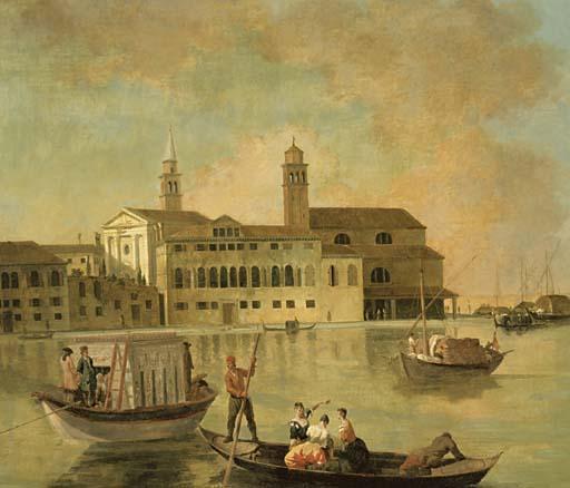 Johan Anton Richter - Venice, A View of San Biagio And The Church of San Biagio E Cataldo On The Giudecca With Elegant Figures In A Burchiello