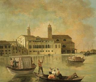Johan Anton Richter - Venice, A View of San Biagio And The Church of San Biagio E Cataldo On The Giudecca With Elegant Figures In A Burchiello