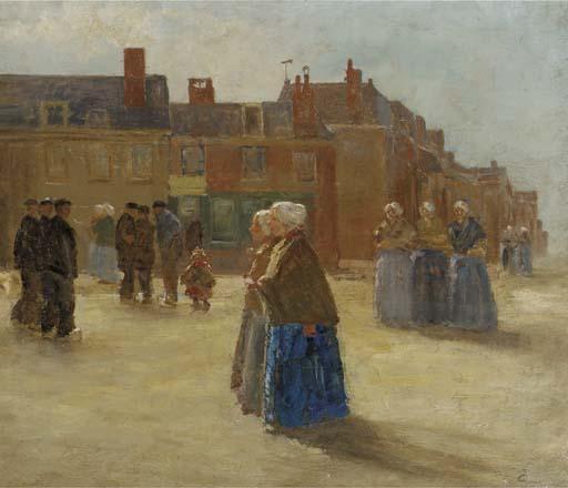 Johan Antonie De Jonge - Figures in traditional dress in a sunlit street