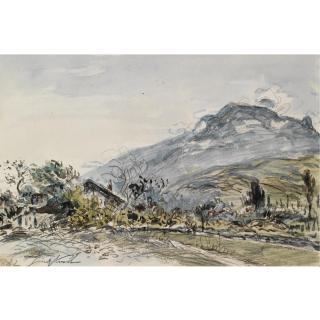 Johan Barthold Jongkind - A Chalet In A Mountainous Landscape (Recto); Figures On A Country Road (Verso)