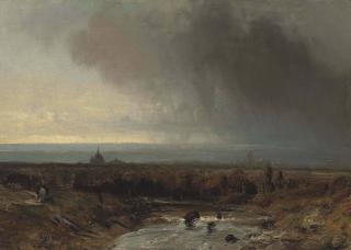 Johan Barthold Jongkind - A River Landscape Beneath A Stormy Sky
