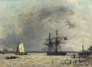 Johan Barthold Jongkind - Brick et Barques à l\'embouchure d\'un fleuve, temps couvert, Antwerpen - De Schelde