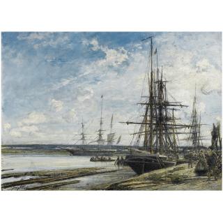 Johan Barthold Jongkind - Dutch Moored Sailing Vessels On The River Maas Near Rotterdam