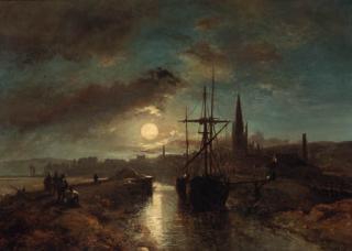Johan Barthold Jongkind - Figures on a jetty in the moonlit harbour of Harfleur