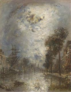 Johan Barthold Jongkind - Intérieur de port à Rotterdam, effet de lune