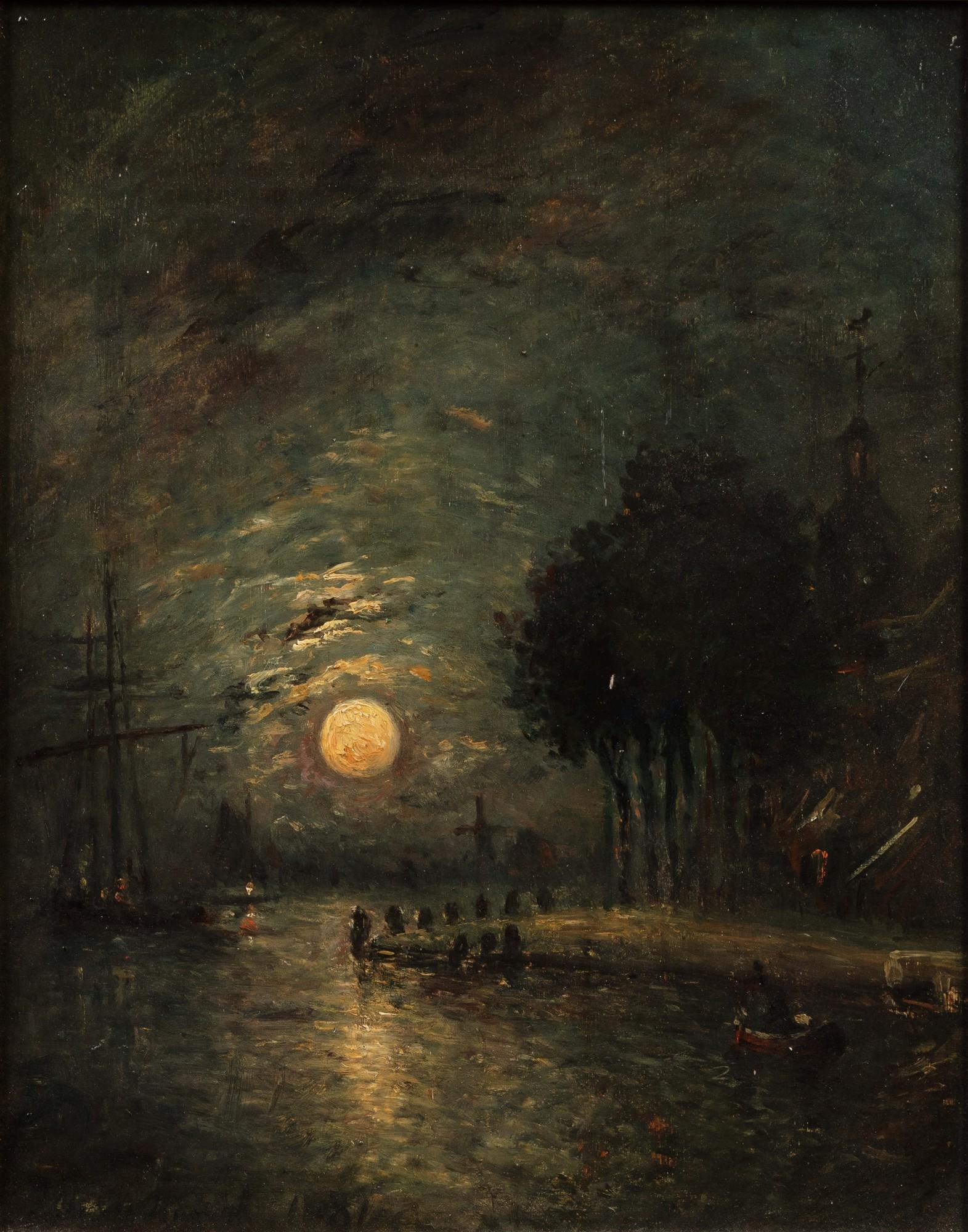 Johan Barthold Jongkind - Moonlight, View of Dordrecht Le port de Dordrecht au crépuscule