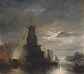 Johan Barthold Jongkind - Moulin et scierie, Hollande: Windmill on the water, Holland