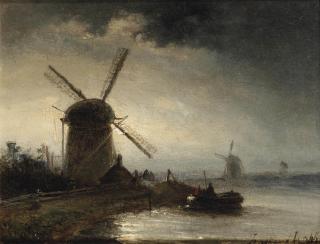 Johan Barthold Jongkind - Opkomende maan; a river landscape with a windmill at dusk
