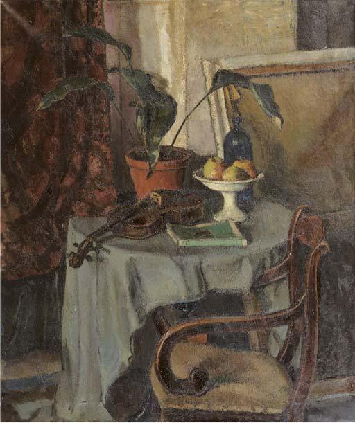 Johan Buning - A still life with a violin, a bottle, fruits and a book on a table