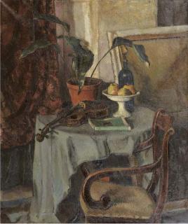 Johan Buning - A still life with a violin, a bottle, fruits and a book on a table