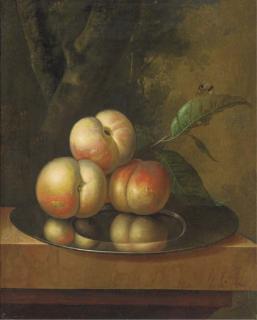 Johan Christiaan Roedig - Peaches and a bee on a pewter platter on a marble ledge, in a wooded landscape