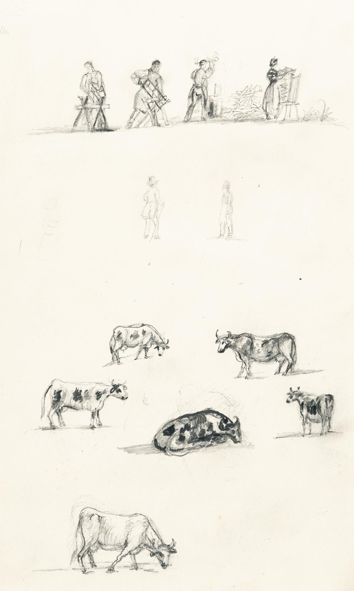 Johan Christian Clausen Dahl - Skizzenblatt mit Kühen und Handwerkern