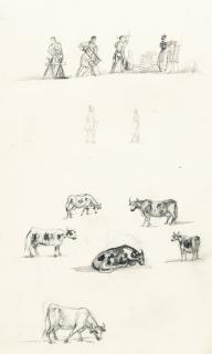 Johan Christian Clausen Dahl - Skizzenblatt mit Kühen und Handwerkern