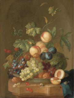 Johan Christian Roedig - Grapes, cherries, plums, peaches, walnuts and a melon in a porcelain bowl on a partly-draped ledge with a halved peach and two snails