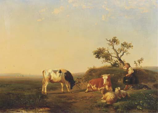 Johan Daniel Koelman - A peasant girl and cattle resting in a landscape