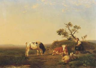 Johan Daniel Koelman - A peasant girl and cattle resting in a landscape