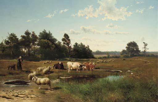 Johan Daniel Koelmann - A summer landscape with cattle grazing